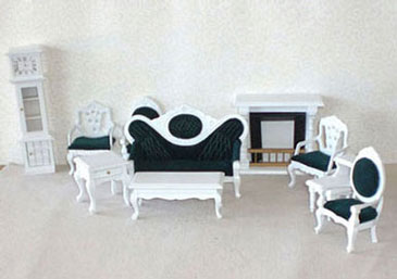 Dollhouse Miniature White-10 Pc Living Room-Green Fabric